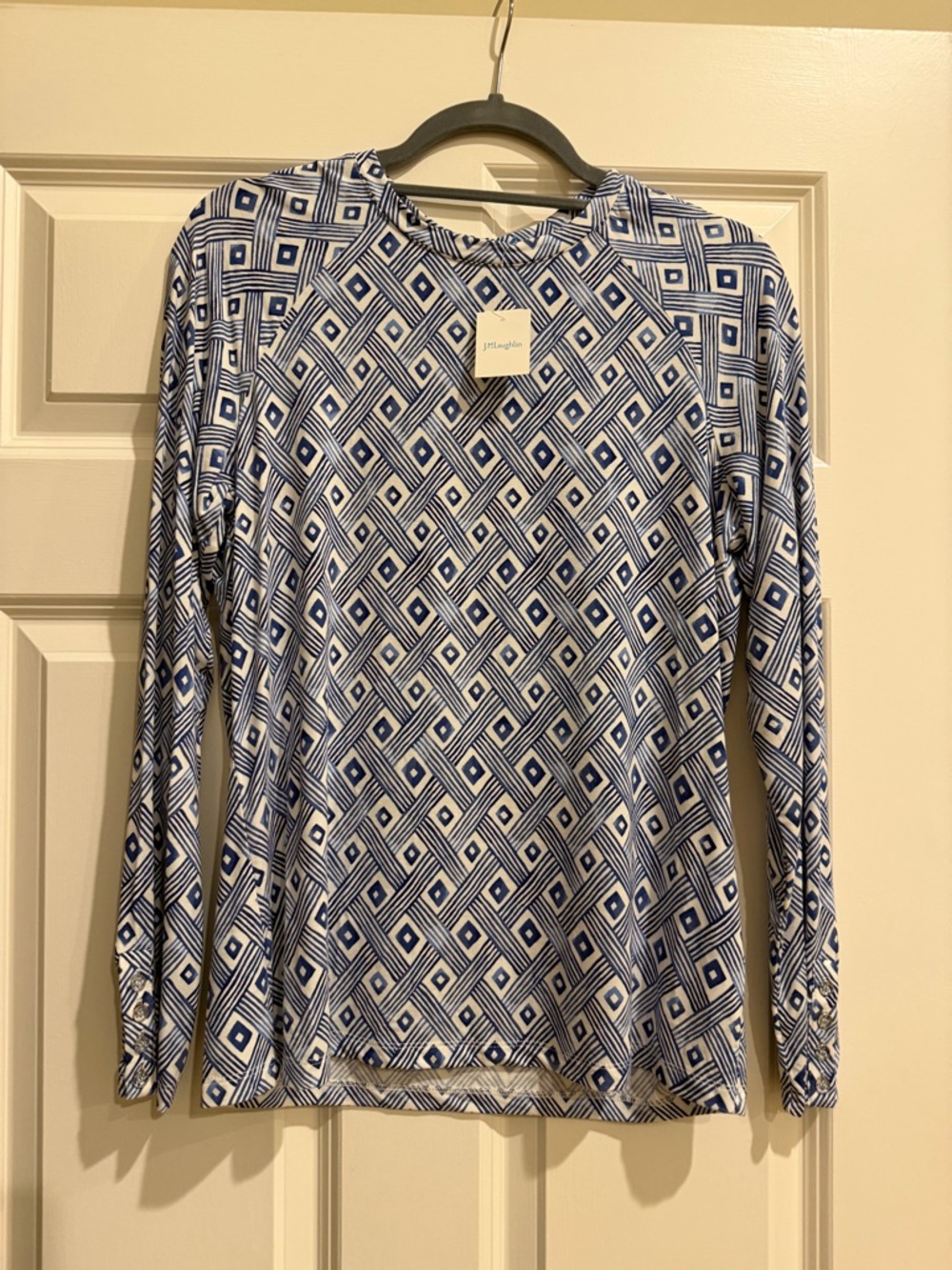 J. McLaughlin Blue and White Geometric Diamond-Print Long-Sleeve Jana Top NWT